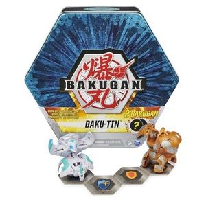 New in Box Bakugan Baku-Tin with 2 Mystery Bakugan -4 BakuCores-Cards